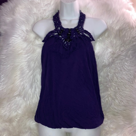 BEBE Purple Braided Fringe Beads Halter Top Shelf Bra Top M - Picture 4 of 16